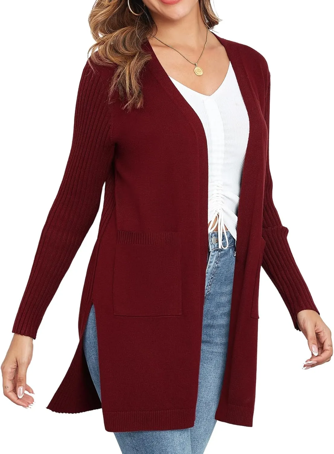 Women's Cardigan Sweaters V-Neck Long Sleeves with Two Pockets Side Split Hem Open Front Knit Casual Cardigan