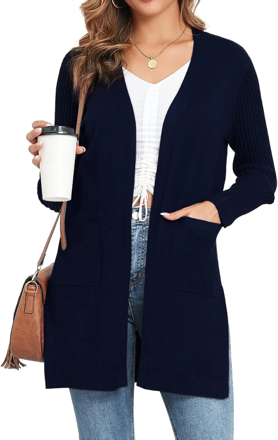 Women's Cardigan Sweaters V-Neck Long Sleeves with Two Pockets Side Split Hem Open Front Knit Casual Cardigan