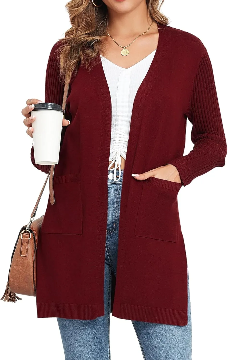Women's Cardigan Sweaters V-Neck Long Sleeves with Two Pockets Side Split Hem Open Front Knit Casual Cardigan