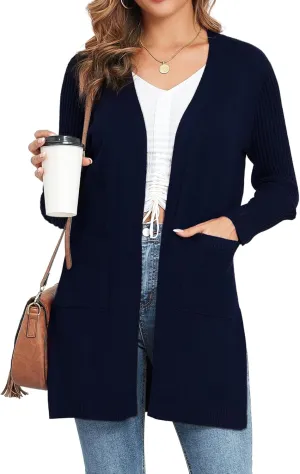 Women's Cardigan Sweaters V-Neck Long Sleeves with Two Pockets Side Split Hem Open Front Knit Casual Cardigan