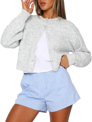 Women's Casual Crop Knit Cardigan Y2K Cute Long Sleeve Crewneck Open Front Button Down Cardigan Sweaters Streetwear
