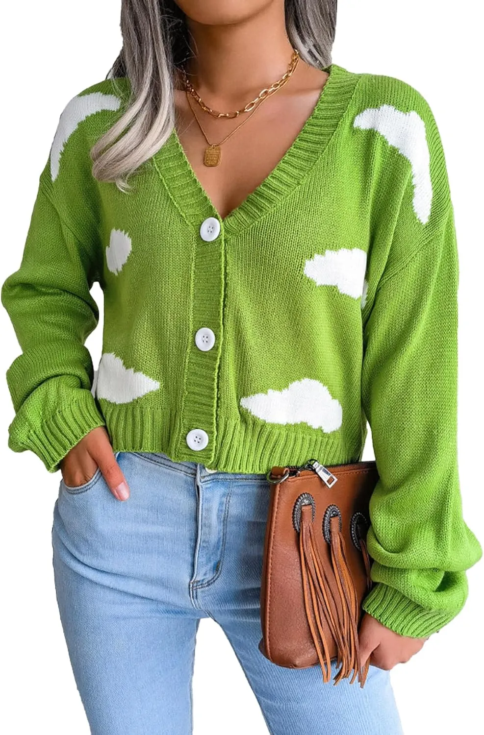 Women's Cloud Print Cropped Button Front Long Sleeve V Neck Knit Cardigan Sweater