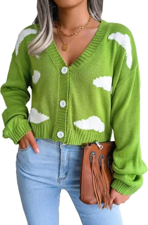Women's Cloud Print Cropped Button Front Long Sleeve V Neck Knit Cardigan Sweater