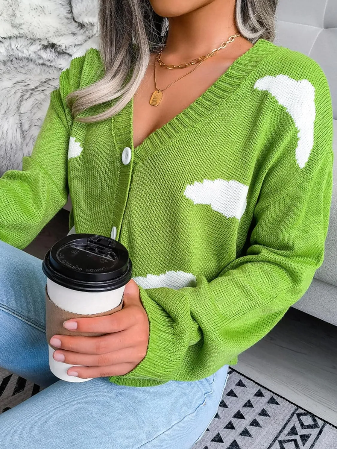 Women's Cloud Print Cropped Button Front Long Sleeve V Neck Knit Cardigan Sweater