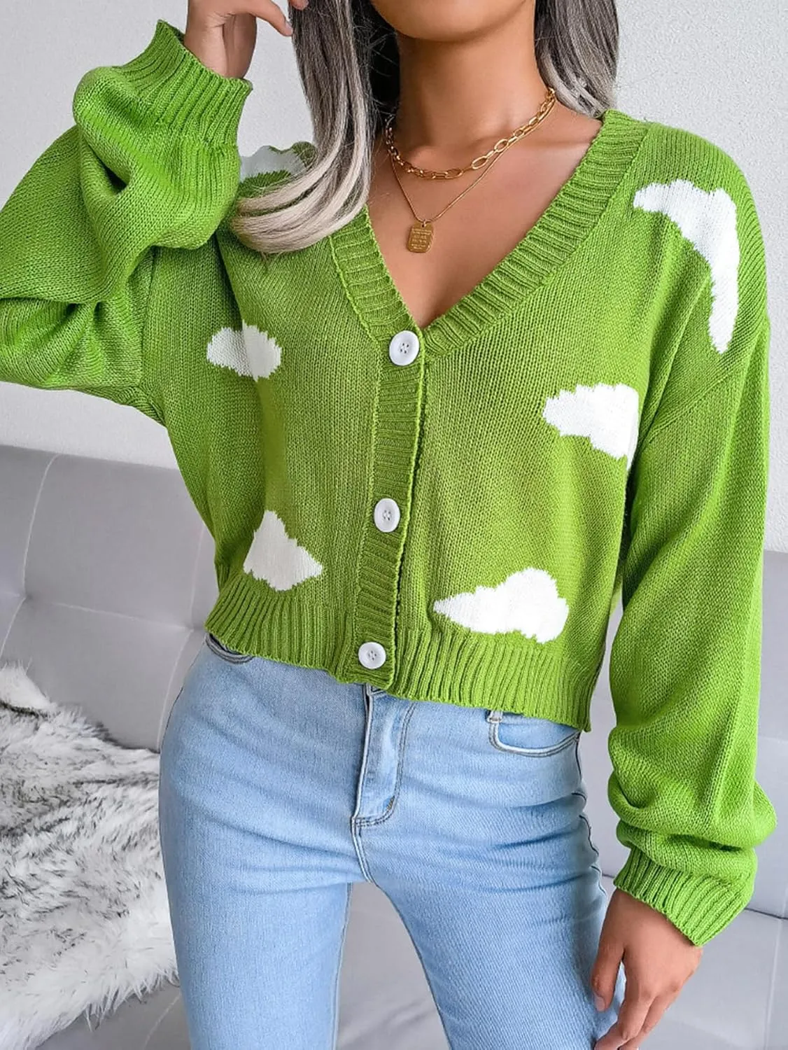 Women's Cloud Print Cropped Button Front Long Sleeve V Neck Knit Cardigan Sweater