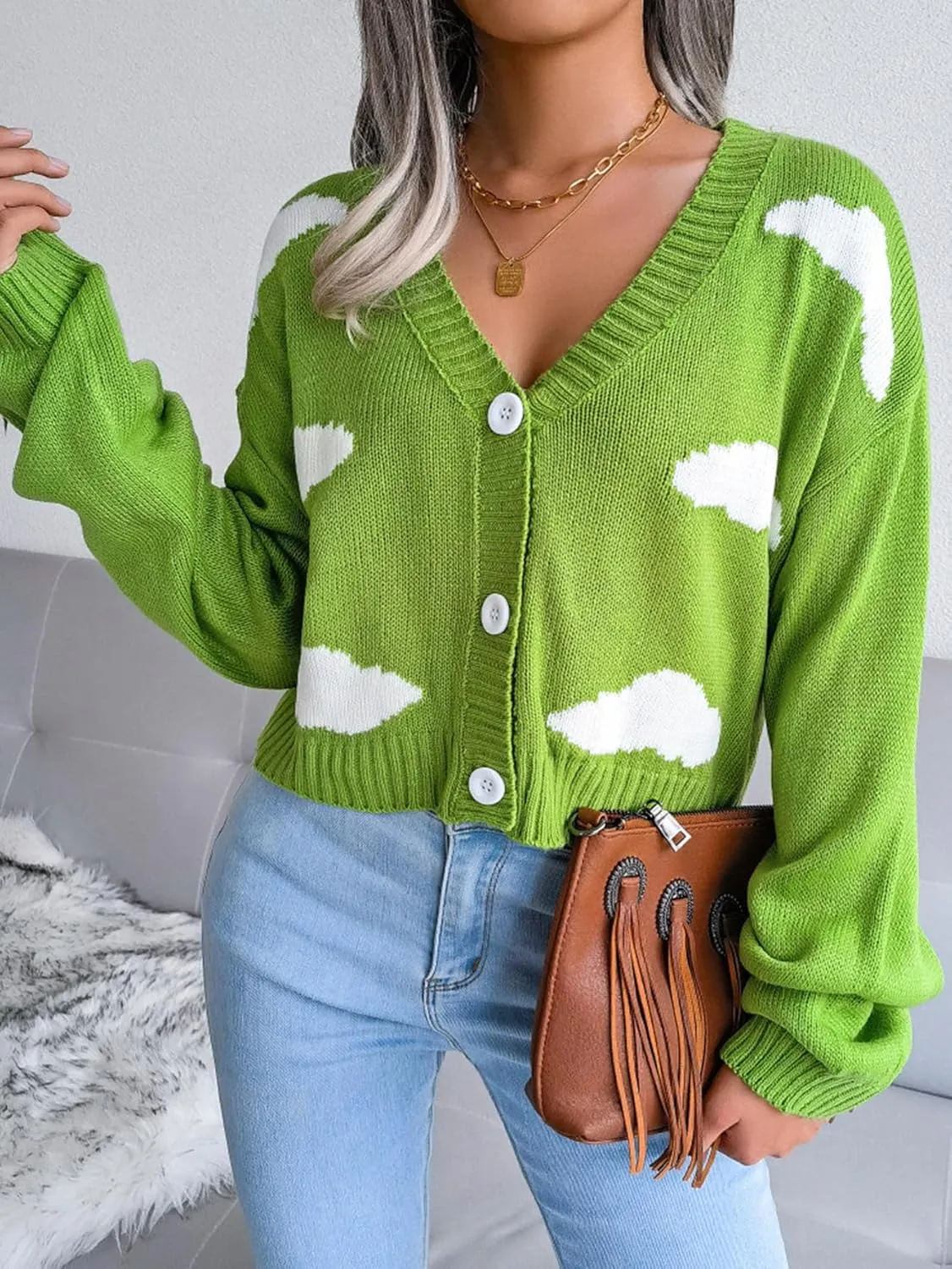 Women's Cloud Print Cropped Button Front Long Sleeve V Neck Knit Cardigan Sweater