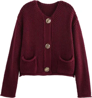 Women's Cropped Cardigan Sweaters Chunky Knit Gold Button Down Long Sleeve Open Front Cardigan with Pockets