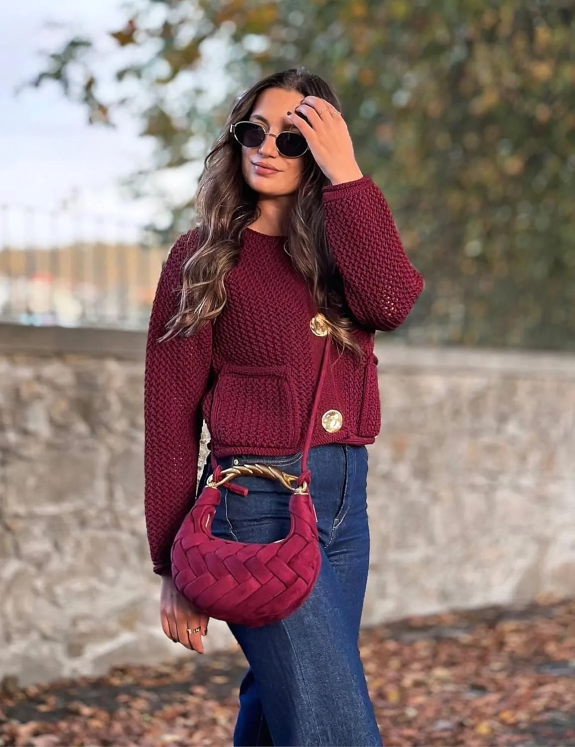 Women's Cropped Cardigan Sweaters Chunky Knit Gold Button Down Long Sleeve Open Front Cardigan with Pockets