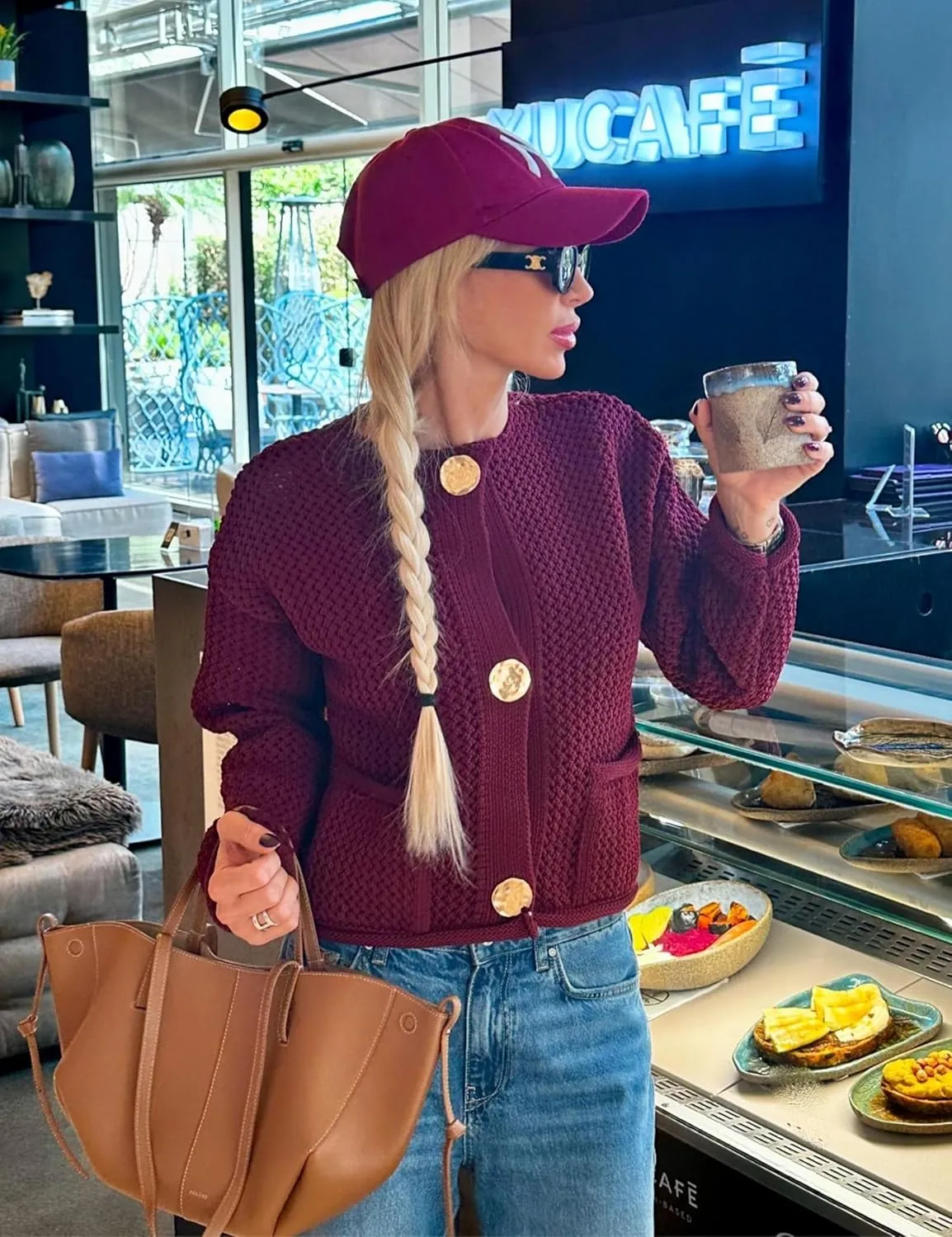 Women's Cropped Cardigan Sweaters Chunky Knit Gold Button Down Long Sleeve Open Front Cardigan with Pockets