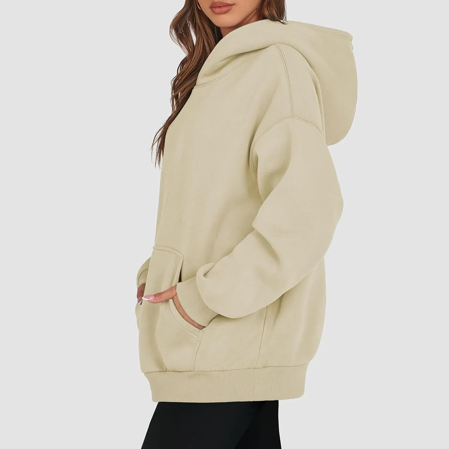 Women's Fall Casual Big Size Solid Color Classic Long Sleeve Hooded Sweatshirt Fashion Loose with Pockets