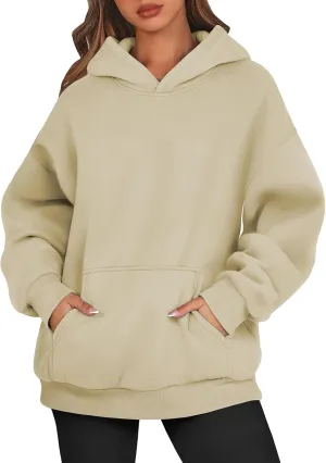 Women's Fall Casual Big Size Solid Color Classic Long Sleeve Hooded Sweatshirt Fashion Loose with Pockets