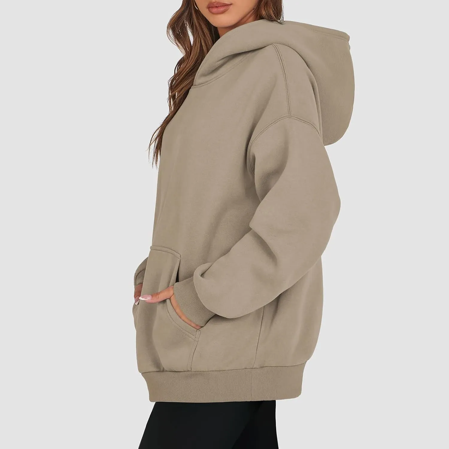 Women's Fall Casual Big Size Solid Color Classic Long Sleeve Hooded Sweatshirt Fashion Loose with Pockets