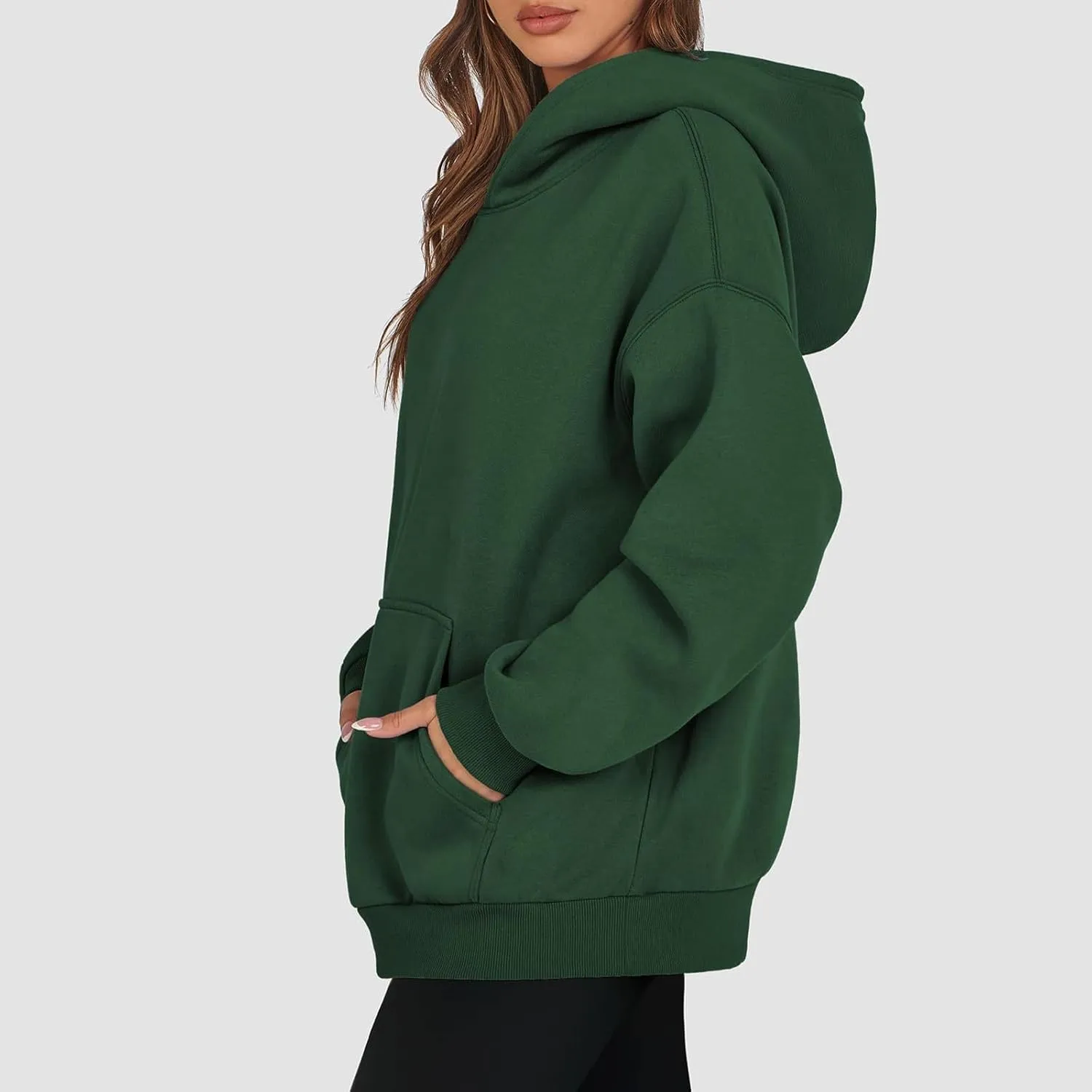 Women's Fall Casual Big Size Solid Color Classic Long Sleeve Hooded Sweatshirt Fashion Loose with Pockets