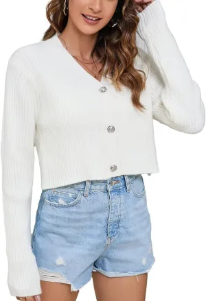 Women's Fall Cropped Cardigan Sweaters V Neck Long Sleeve Open Front Button Down Knit Sweater Tops Outerwear Coats.