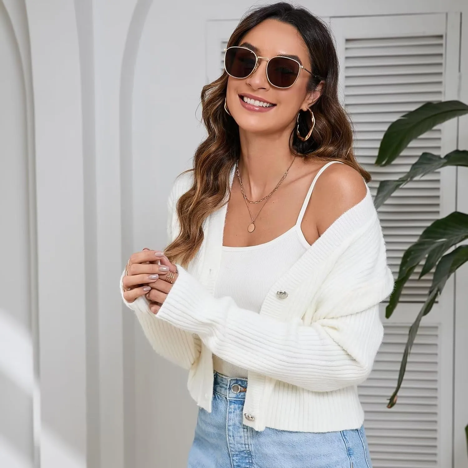 Women's Fall Cropped Cardigan Sweaters V Neck Long Sleeve Open Front Button Down Knit Sweater Tops Outerwear Coats.
