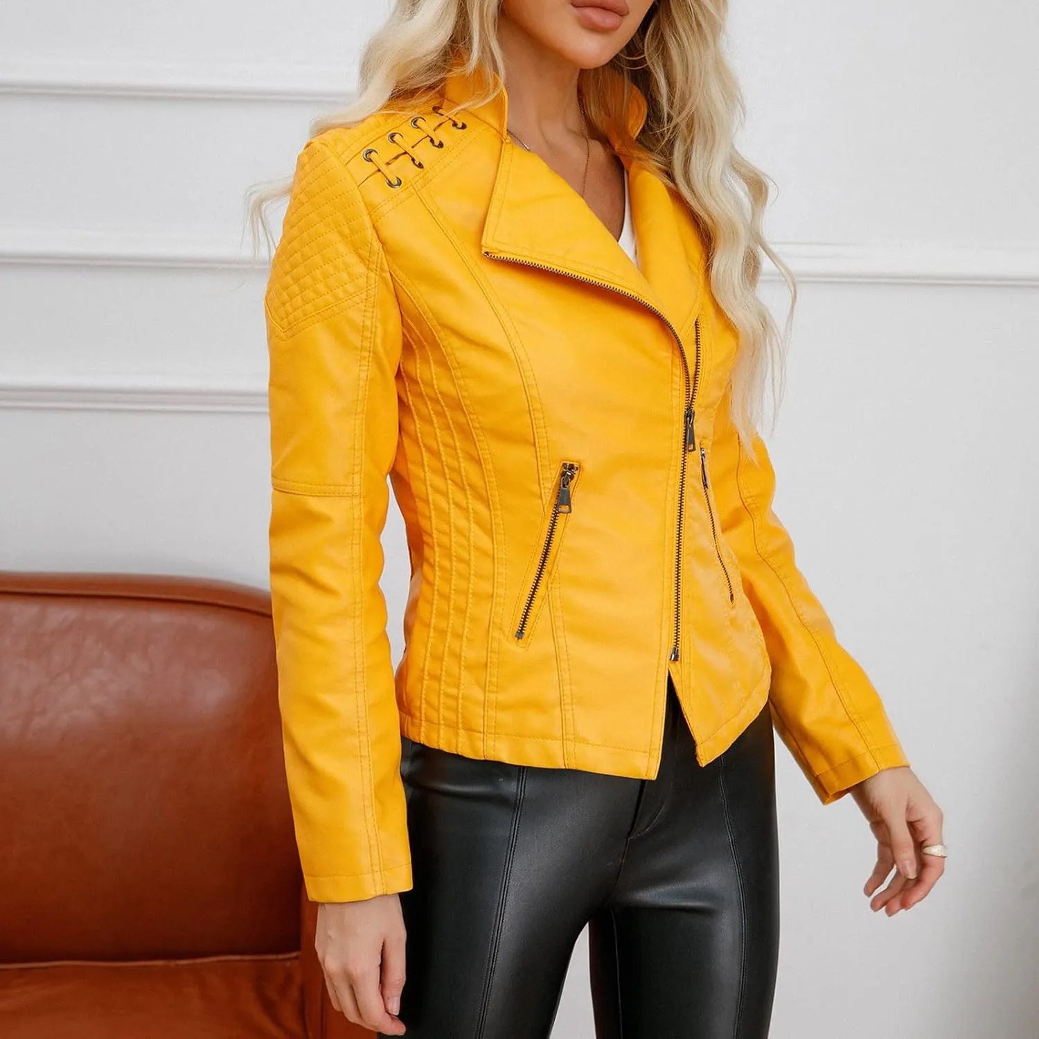 Women's Faux Leather Motorcycle Jacket Casual Fashion Lapel Zip Up Solid Color PU Cropped Biker Coat with Pockets