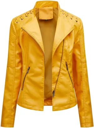 Women's Faux Leather Motorcycle Jacket Casual Fashion Lapel Zip Up Solid Color PU Cropped Biker Coat with Pockets
