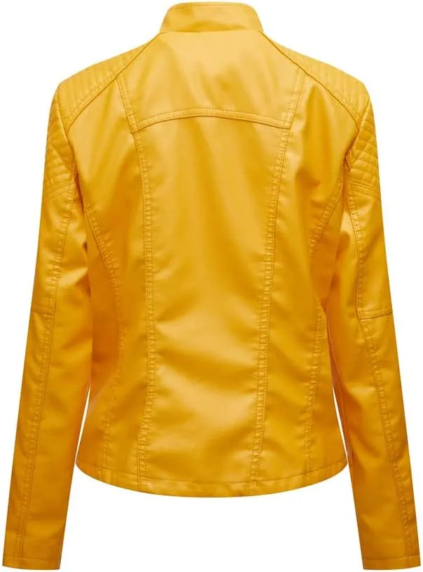 Women's Faux Leather Motorcycle Jacket Casual Fashion Lapel Zip Up Solid Color PU Cropped Biker Coat with Pockets