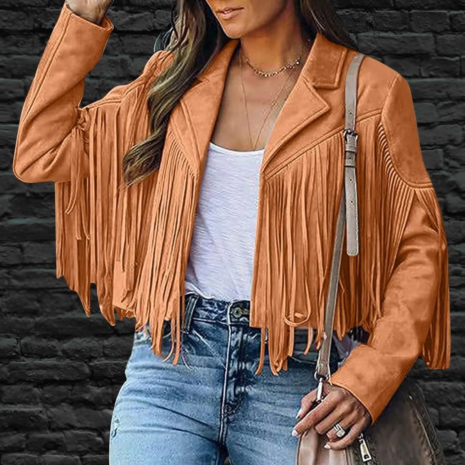 Women's Faux Suede Leather Fringe Jacket Cowgirl Crop Moto Biker Jackets Open Front Tassel Coat Tops 2024 Trendy