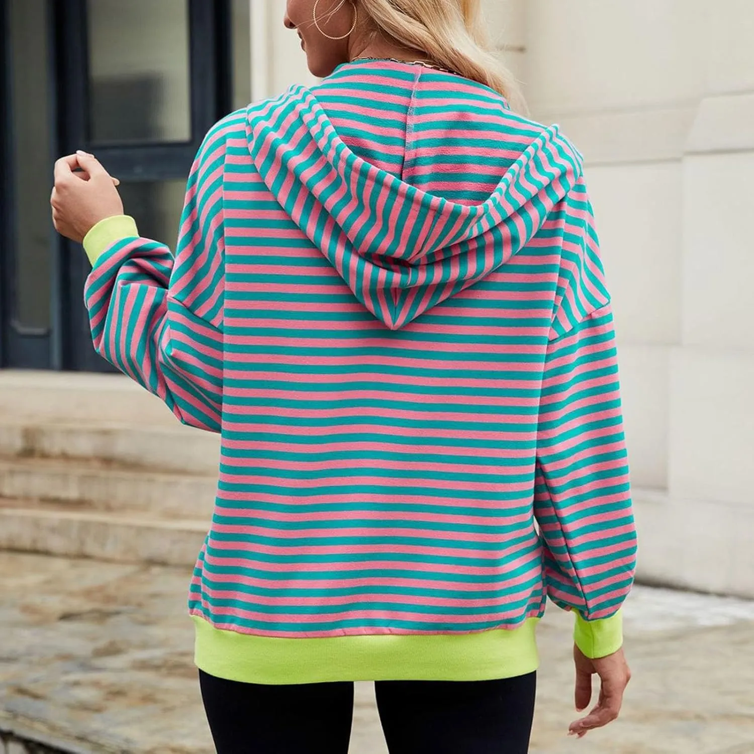 Womens Full-Zip Hoodie Sweatshirts Long Sleeve Striped Shirts Pullover Color Block Drawstring Fall Winter Tops Outfit