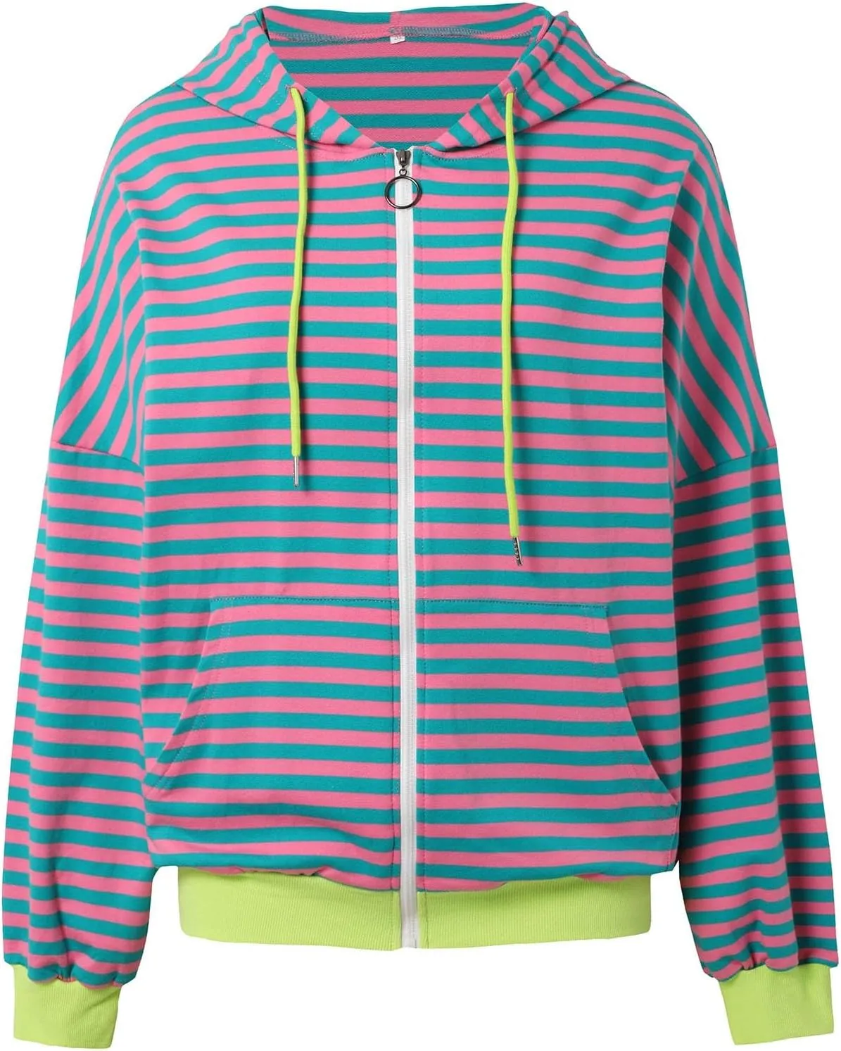 Womens Full-Zip Hoodie Sweatshirts Long Sleeve Striped Shirts Pullover Color Block Drawstring Fall Winter Tops Outfit