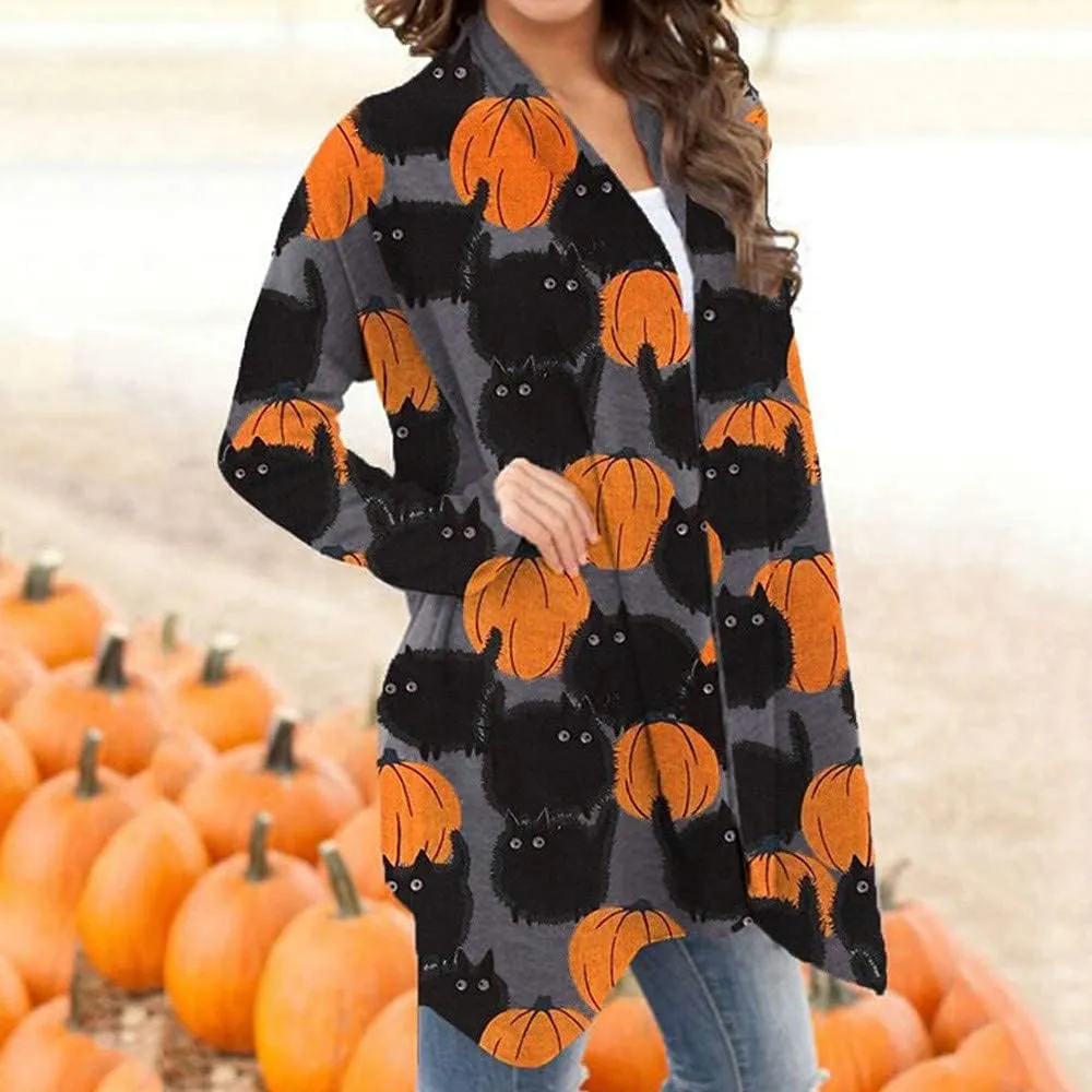 Women's Halloween Pumpkin Cat Print Knitting Cardigan Long Sleeve Open Front Knitted Sweater Outwear Coat Tops (Deep Gray