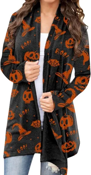 Women's Halloween Pumpkin Cat Print Knitting Cardigan Long Sleeve Open Front Knitted Sweater Outwear Coat Tops (Deep Gray
