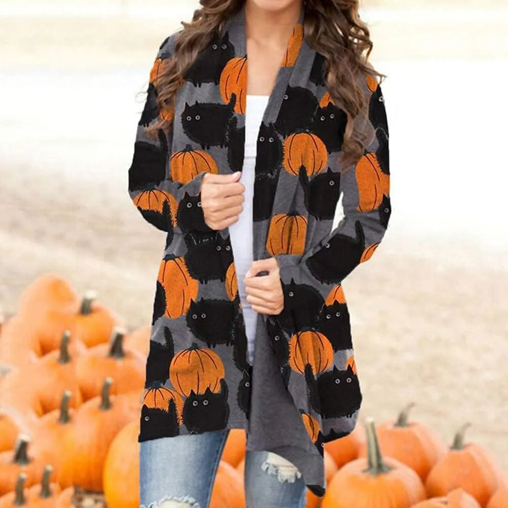 Women's Halloween Pumpkin Cat Print Knitting Cardigan Long Sleeve Open Front Knitted Sweater Outwear Coat Tops (Deep Gray