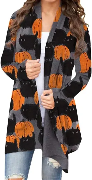 Women's Halloween Pumpkin Cat Print Knitting Cardigan Long Sleeve Open Front Knitted Sweater Outwear Coat Tops (Deep Gray