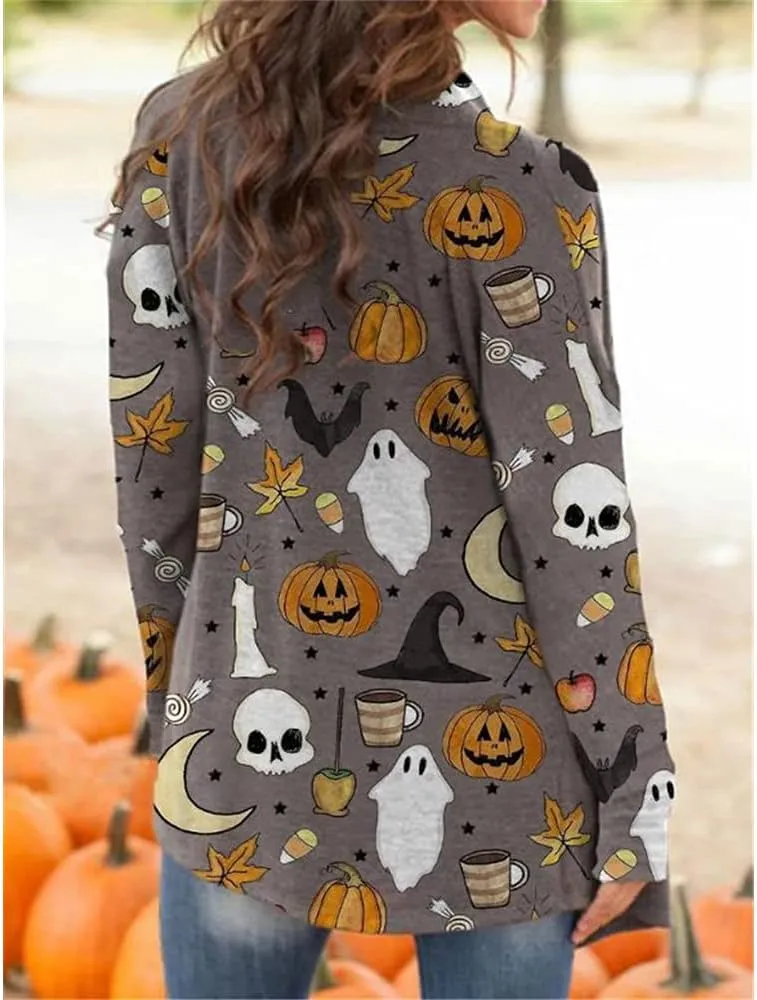 Women's Halloween Pumpkin Cat Print Knitting Cardigan Long Sleeve Open Front Knitted Sweater Outwear Coat Tops (Deep Gray