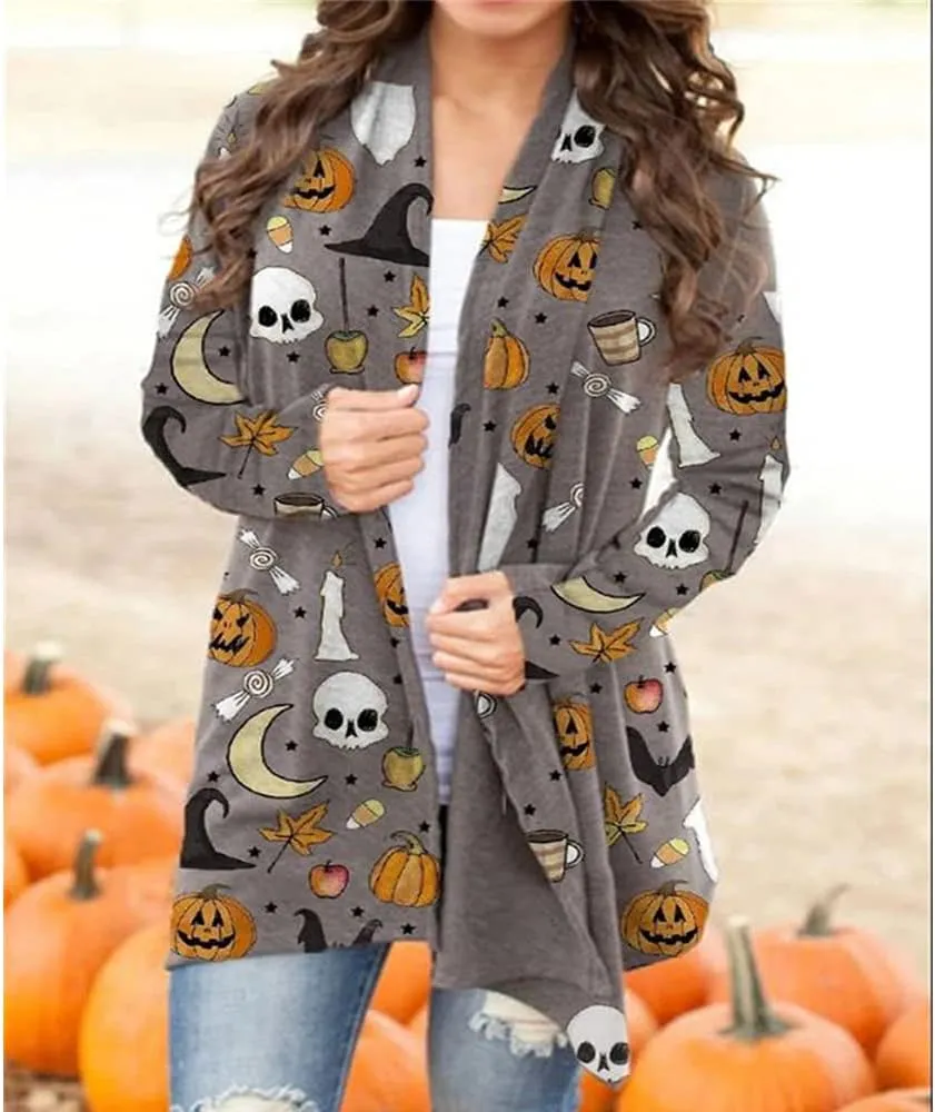 Women's Halloween Pumpkin Cat Print Knitting Cardigan Long Sleeve Open Front Knitted Sweater Outwear Coat Tops (Deep Gray