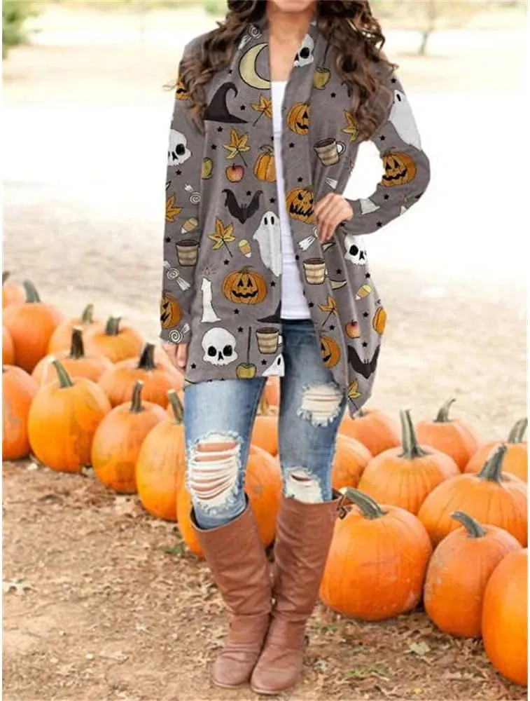 Women's Halloween Pumpkin Cat Print Knitting Cardigan Long Sleeve Open Front Knitted Sweater Outwear Coat Tops (Deep Gray