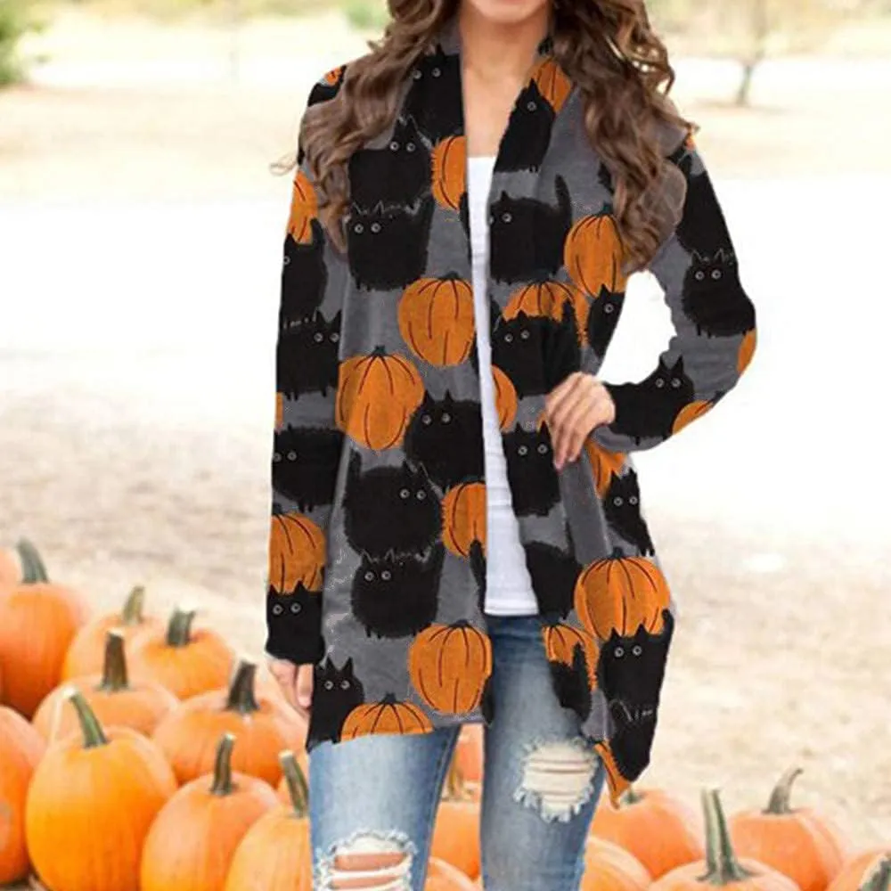 Women's Halloween Pumpkin Cat Print Knitting Cardigan Long Sleeve Open Front Knitted Sweater Outwear Coat Tops (Deep Gray