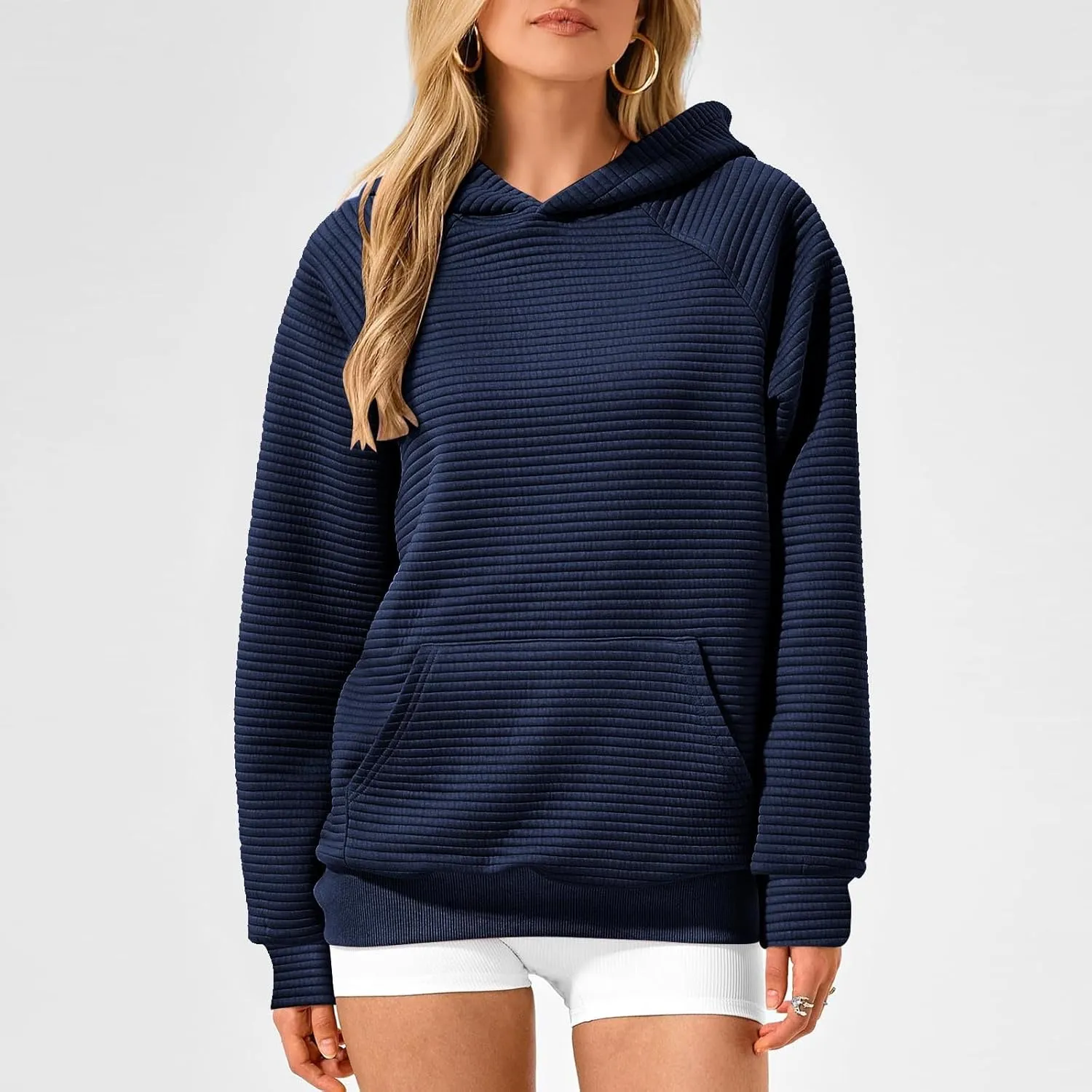 Women's Hooded Sweatshirts Striped Textured Pullover Coat with Pockets Casual Oversized Preepy Sweater Hoodies Trendy