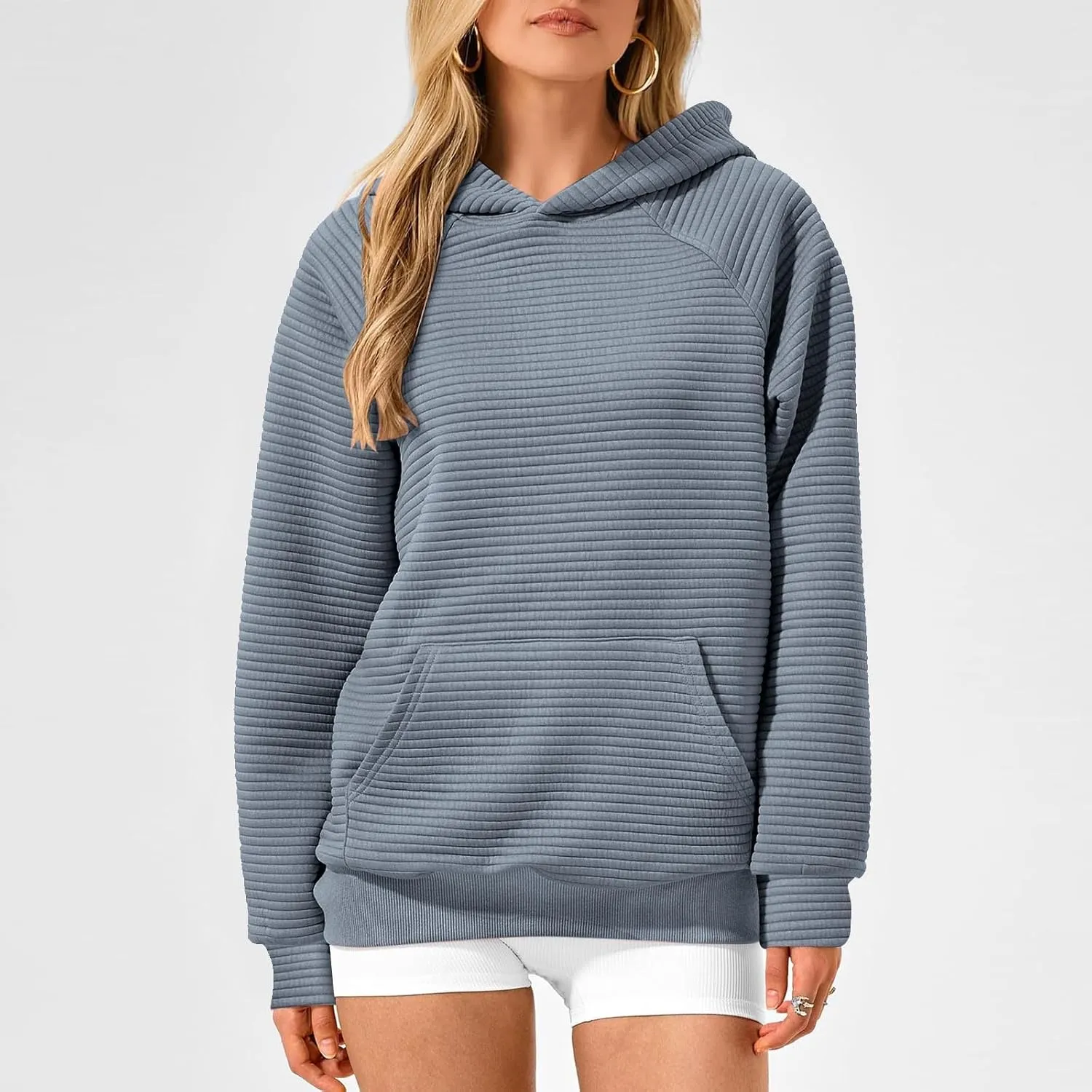 Women's Hooded Sweatshirts Striped Textured Pullover Coat with Pockets Casual Oversized Preepy Sweater Hoodies Trendy