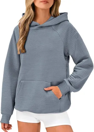 Women's Hooded Sweatshirts Striped Textured Pullover Coat with Pockets Casual Oversized Preepy Sweater Hoodies Trendy