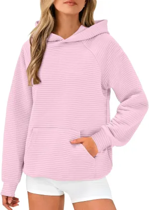 Women's Hooded Sweatshirts Striped Textured Pullover Coat with Pockets Casual Oversized Preepy Sweater Hoodies Trendy