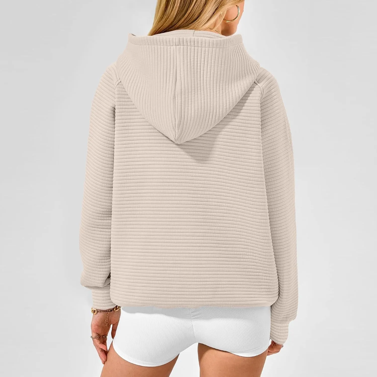 Women's Hooded Sweatshirts Striped Textured Pullover Coat with Pockets Casual Oversized Preepy Sweater Hoodies Trendy