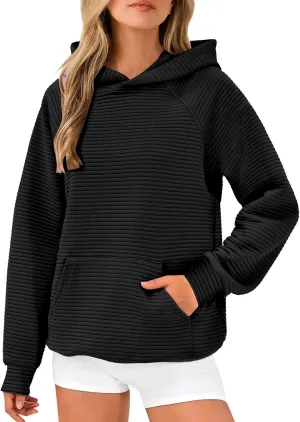 Women's Hooded Sweatshirts Striped Textured Pullover Coat with Pockets Casual Oversized Preepy Sweater Hoodies Trendy