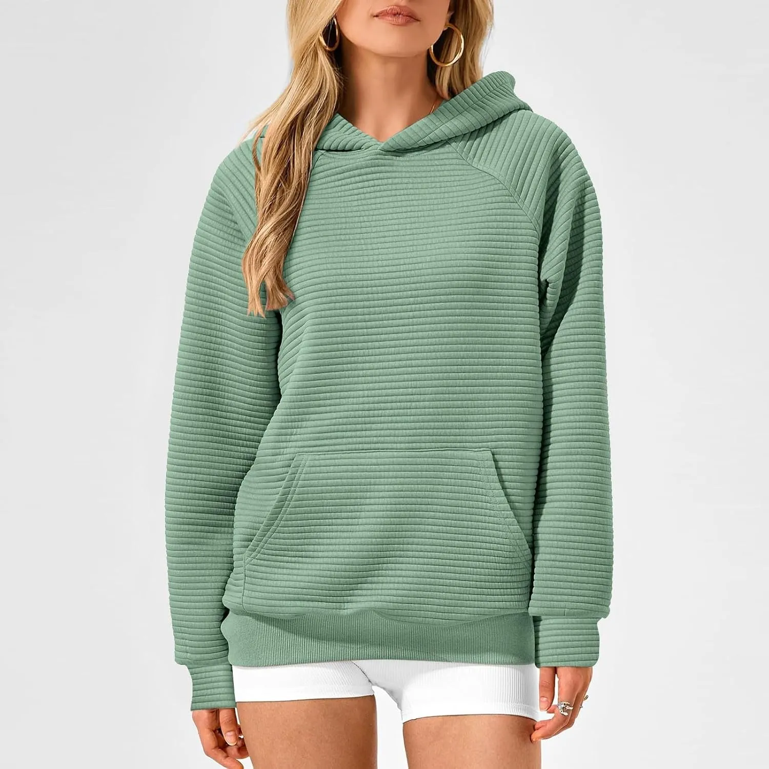Women's Hooded Sweatshirts Striped Textured Pullover Coat with Pockets Casual Oversized Preepy Sweater Hoodies Trendy