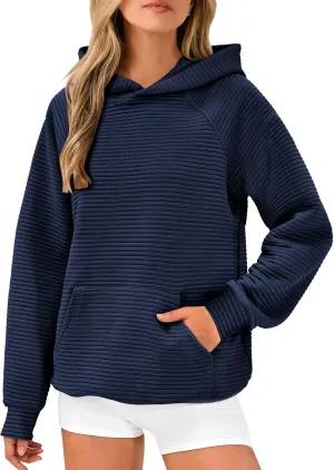 Women's Hooded Sweatshirts Striped Textured Pullover Coat with Pockets Casual Oversized Preepy Sweater Hoodies Trendy