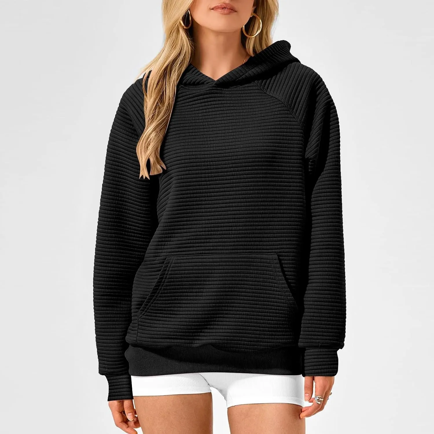 Women's Hooded Sweatshirts Striped Textured Pullover Coat with Pockets Casual Oversized Preepy Sweater Hoodies Trendy