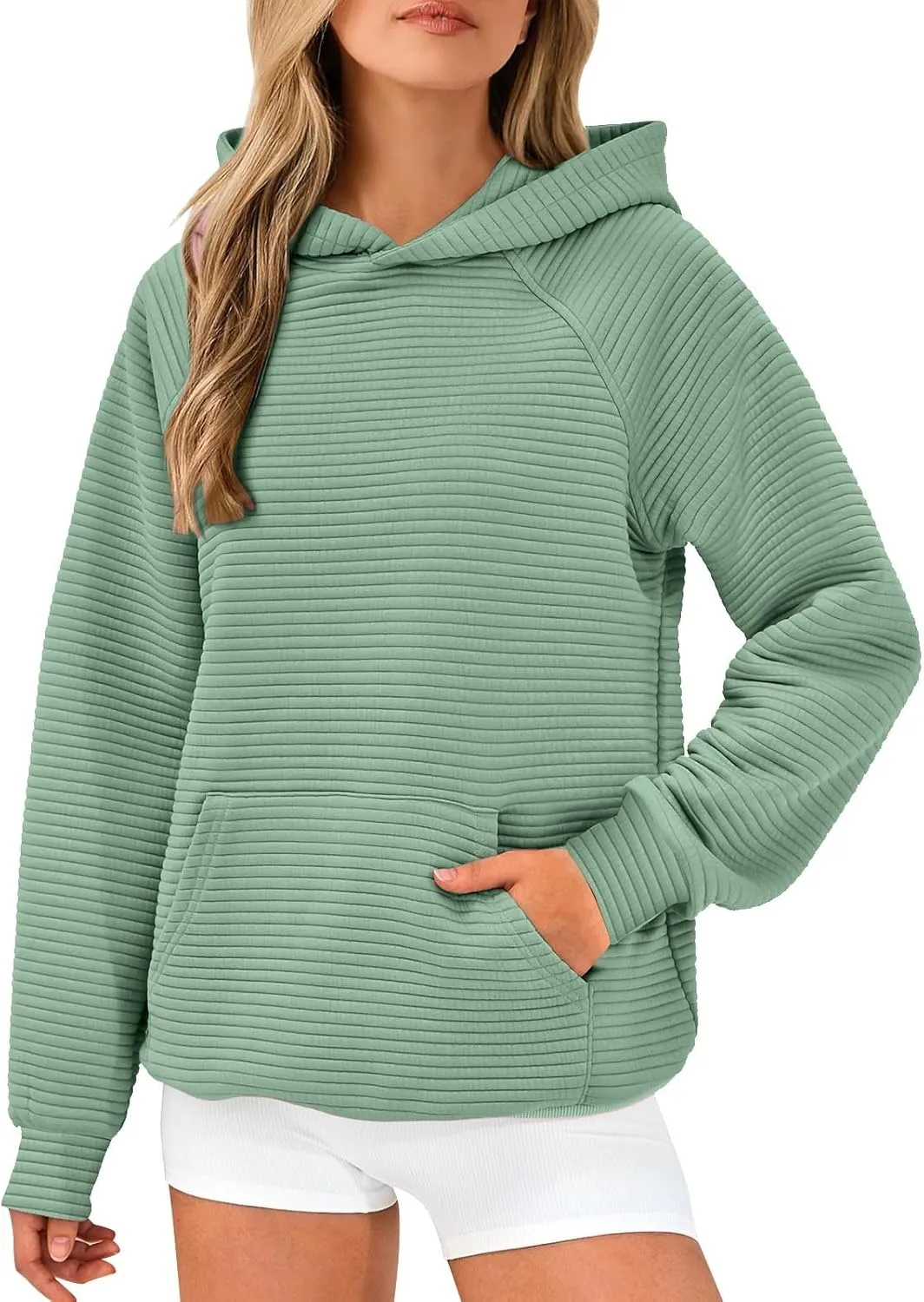 Women's Hooded Sweatshirts Striped Textured Pullover Coat with Pockets Casual Oversized Preepy Sweater Hoodies Trendy