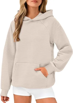 Women's Hooded Sweatshirts Striped Textured Pullover Coat with Pockets Casual Oversized Preepy Sweater Hoodies Trendy