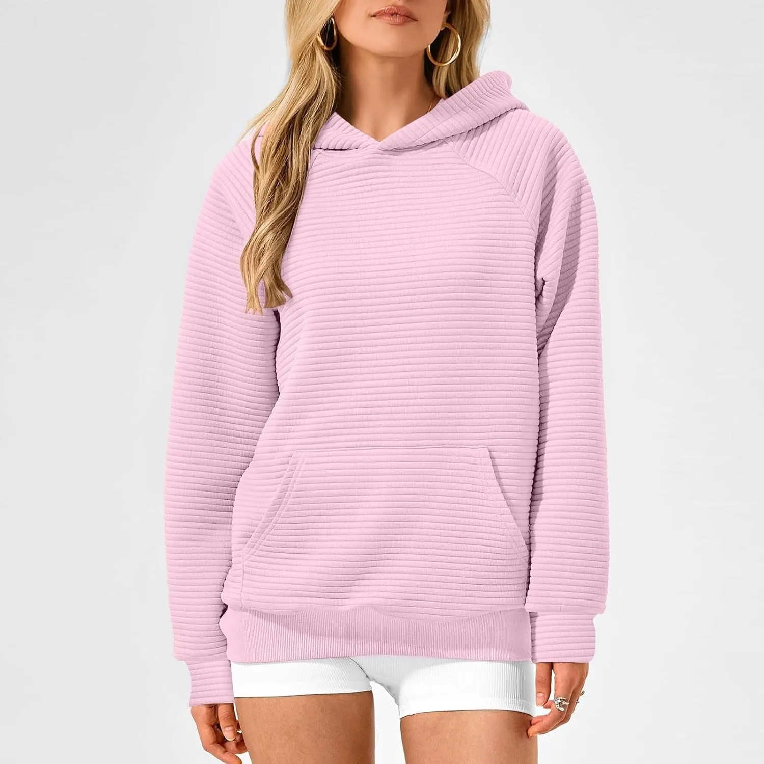 Women's Hooded Sweatshirts Striped Textured Pullover Coat with Pockets Casual Oversized Preepy Sweater Hoodies Trendy