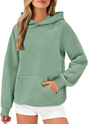 Women's Hooded Sweatshirts Striped Textured Pullover Coat with Pockets Casual Oversized Preepy Sweater Hoodies Trendy