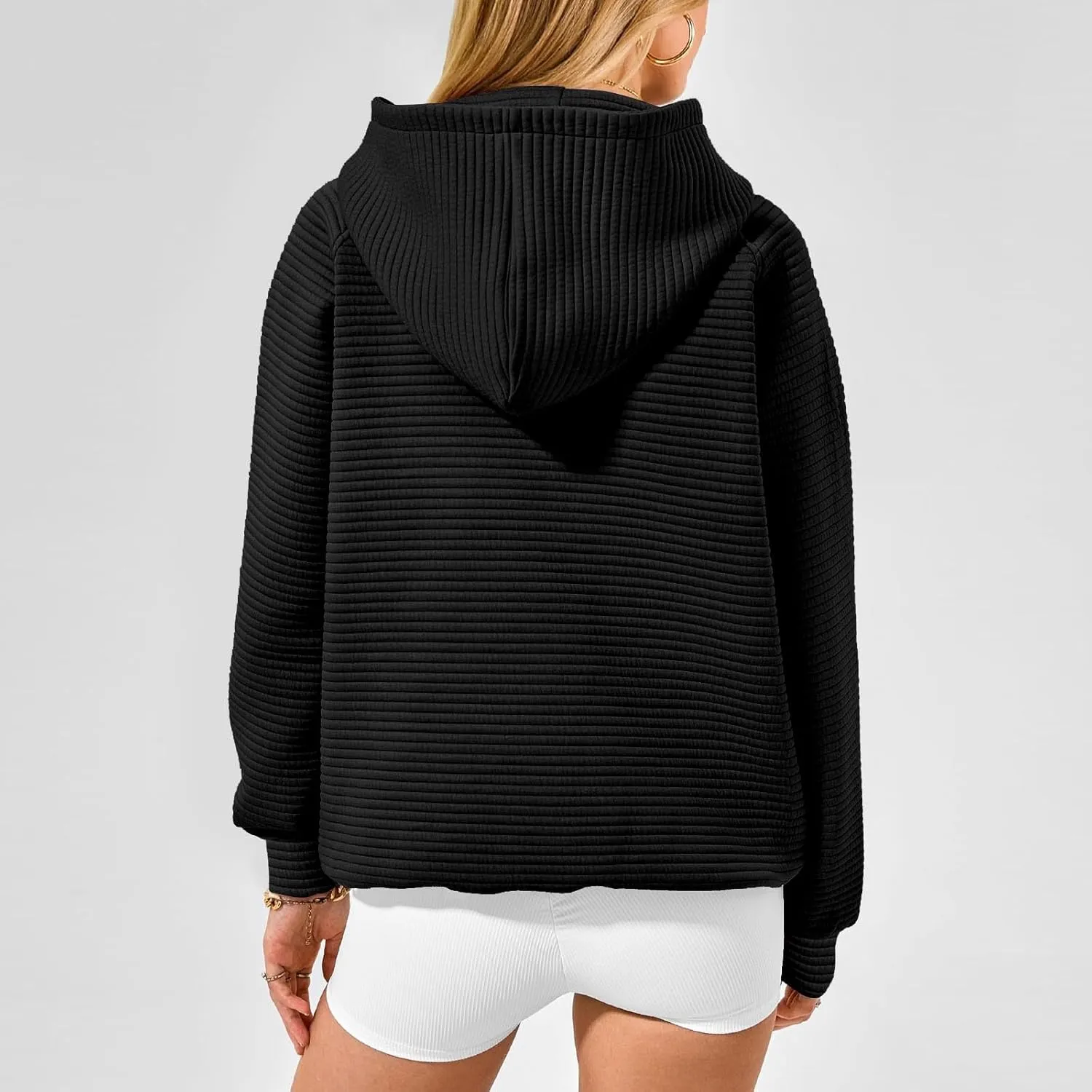 Women's Hooded Sweatshirts Striped Textured Pullover Coat with Pockets Casual Oversized Preepy Sweater Hoodies Trendy