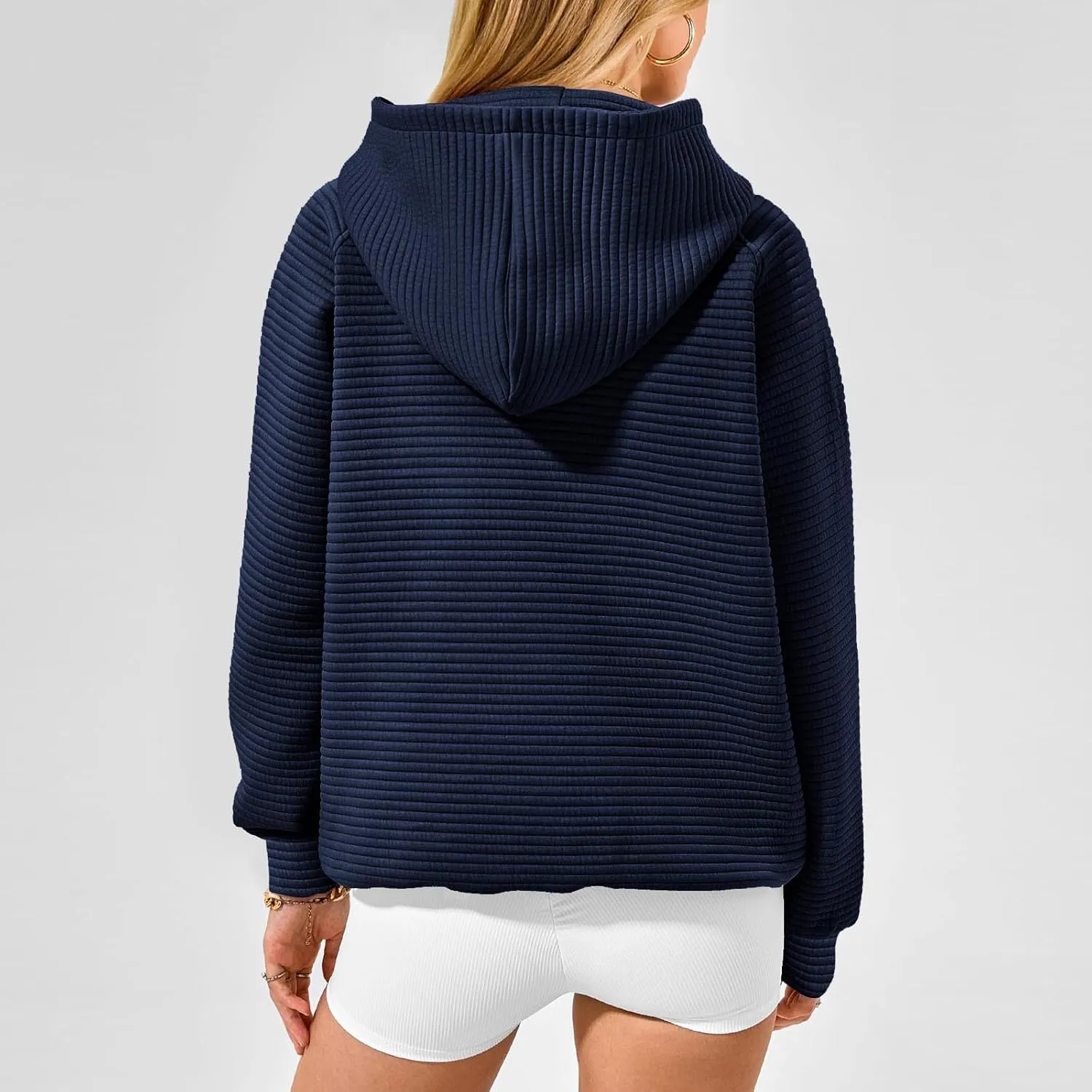 Women's Hooded Sweatshirts Striped Textured Pullover Coat with Pockets Casual Oversized Preepy Sweater Hoodies Trendy