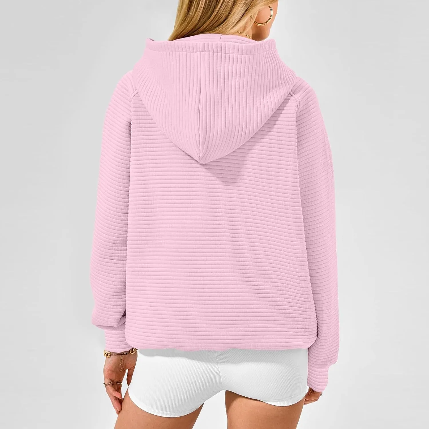 Women's Hooded Sweatshirts Striped Textured Pullover Coat with Pockets Casual Oversized Preepy Sweater Hoodies Trendy