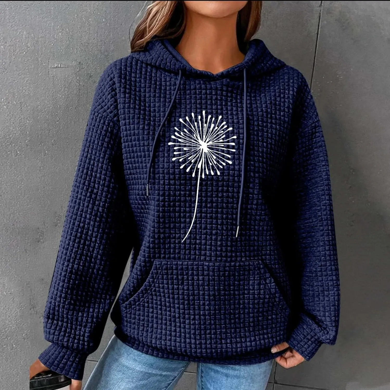 Womens Hoodies Casual Long Sleeve Drawstring Waffle Pullover Tops Solid Hoodie with Pockets